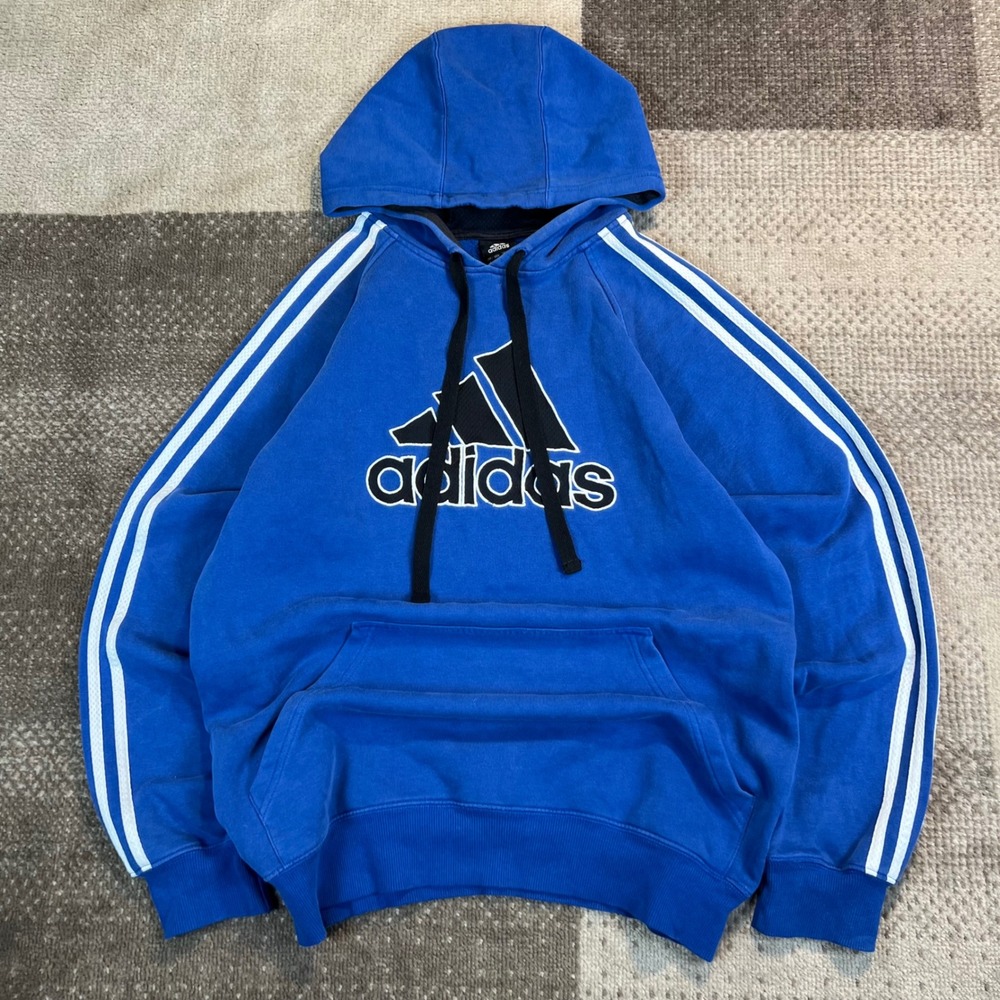 Adidas Mens Blue 3-Stripe Pullover Hoodie Sweatshirt Small Embroidered Logo